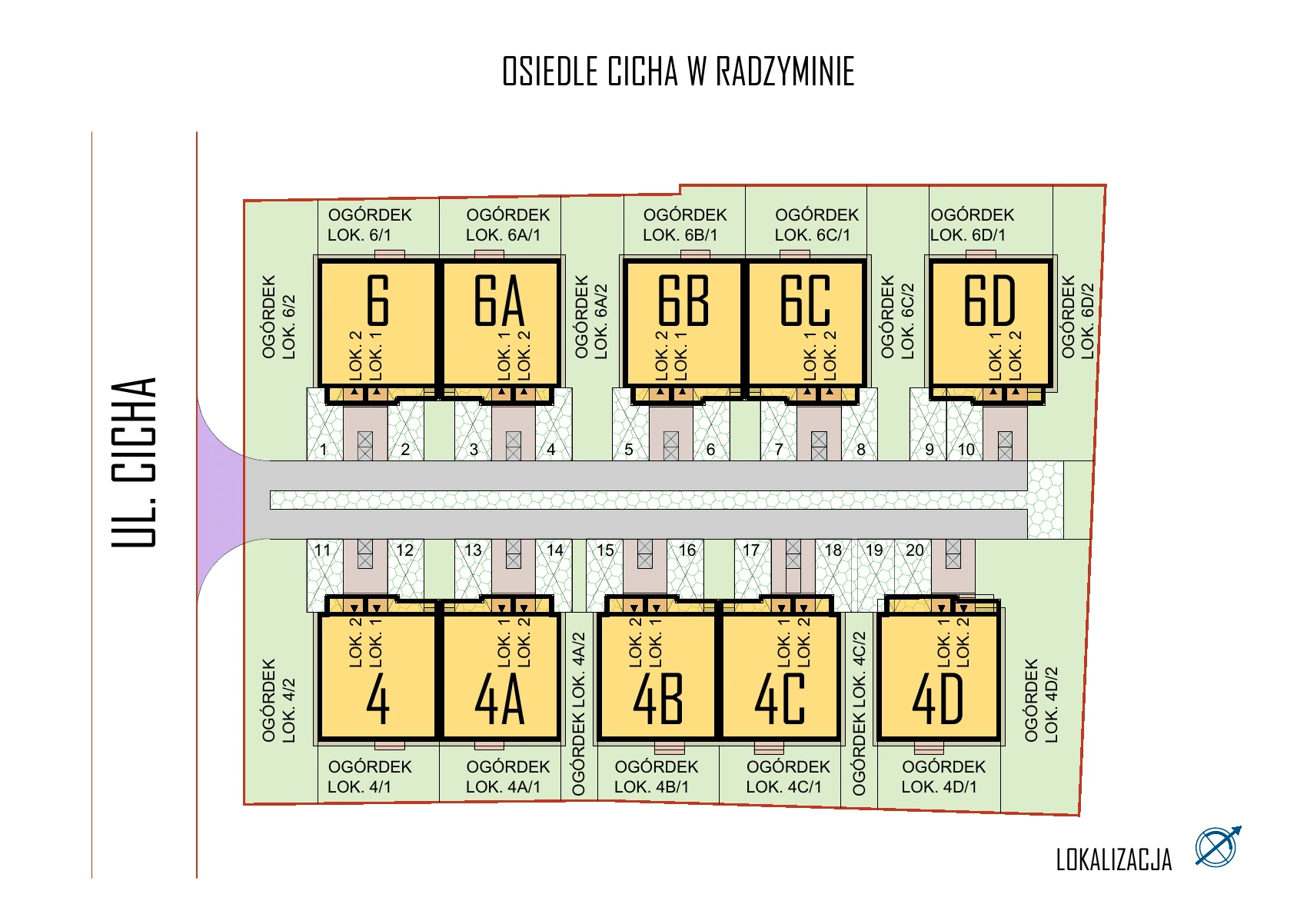 Plan osiedla Cicha: budynki 4, 4A, 4B, 4C, 4D i 6, 6A, 6B, 6C, 6D, ogródki oraz miejsca postojowe