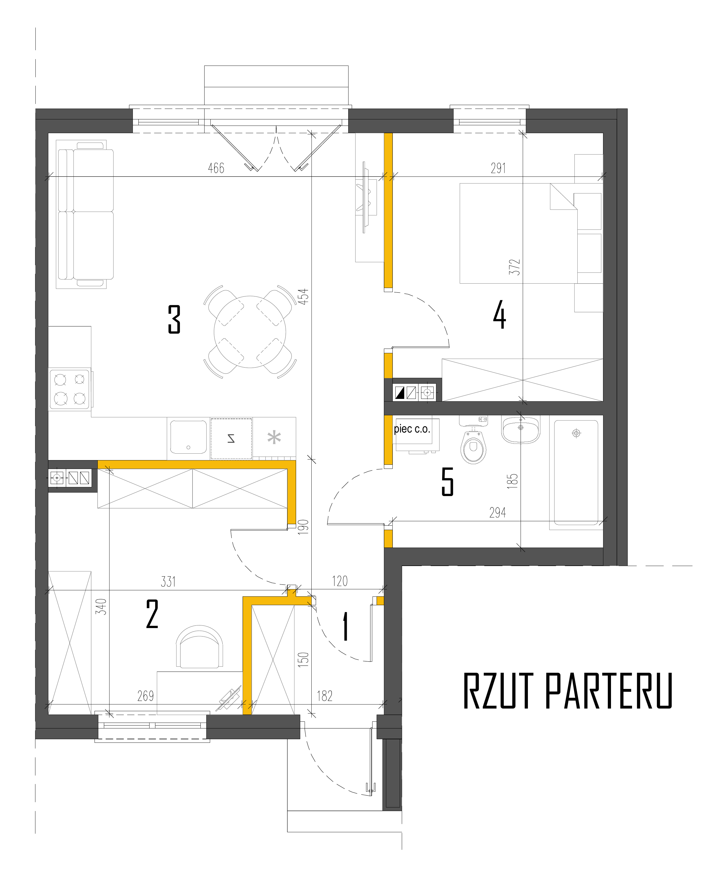 Rzut parteru — sam układ pomieszczeń mieszkania Cicha 4/1